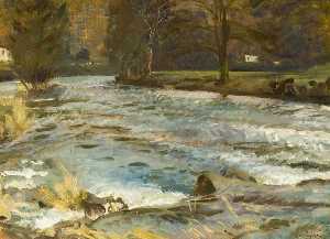 Alfred James Munnings - Eine Flussszene mit Bäumen